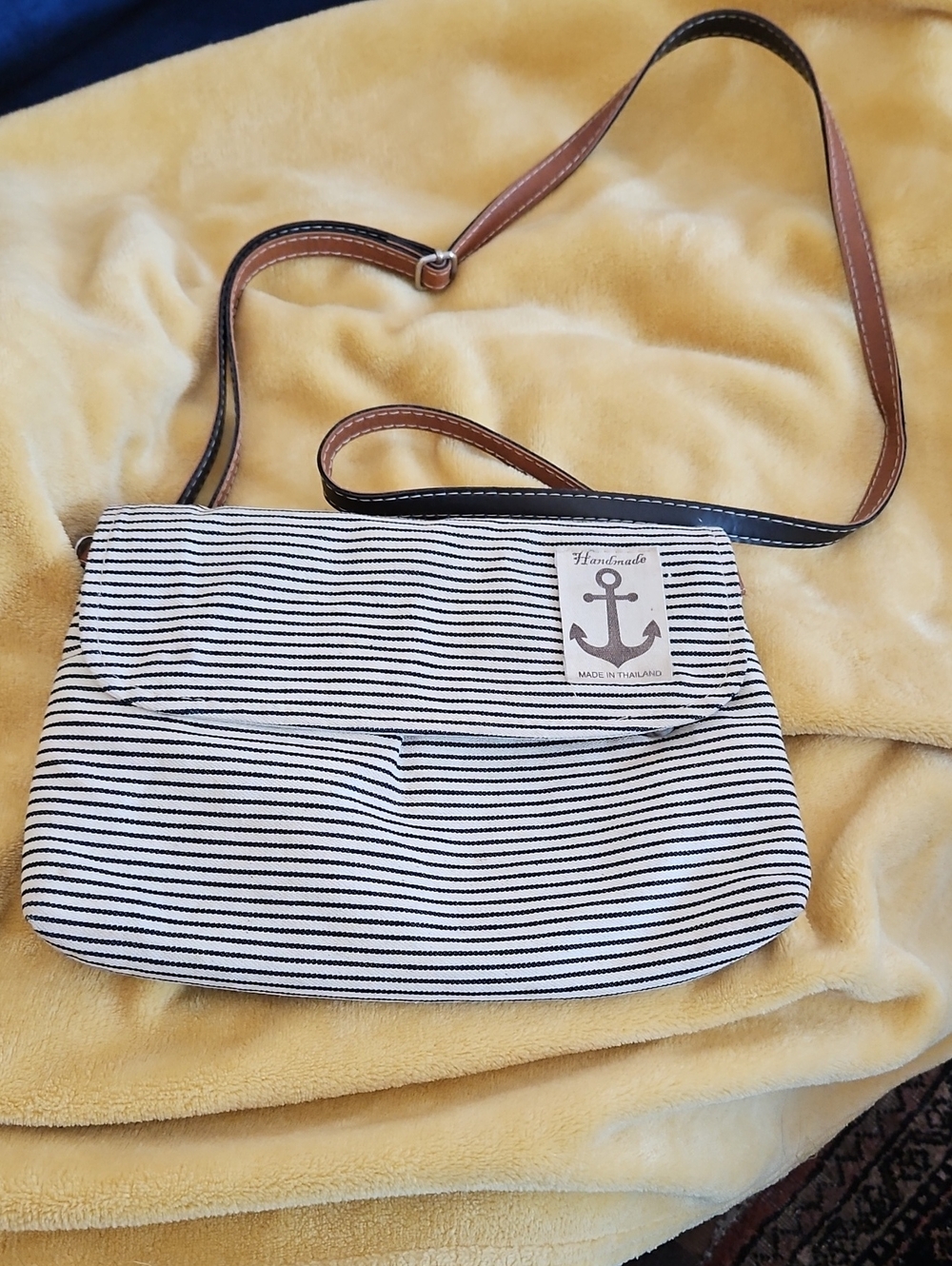 Handmade Striped Crossbody Bag with Anchor Patch - Black & White